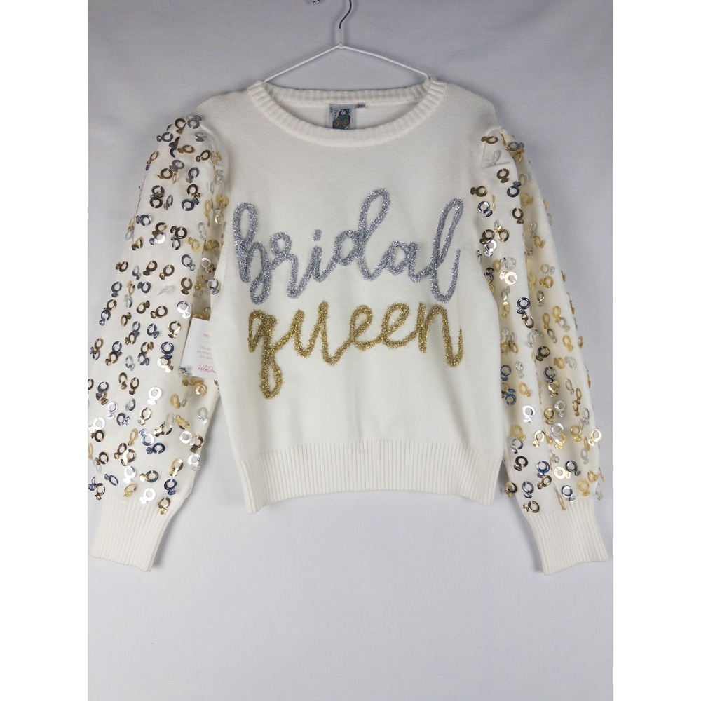 Queen of Sparkles Bridal Pullover Womens XS Bachelorette Sparkle White NWT